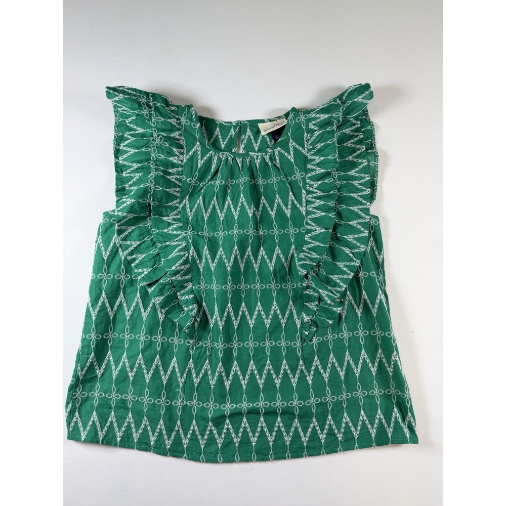 Universal Thread Women Sleeveless Top S Green Ruffle Shoulder Cotton Embroidered
